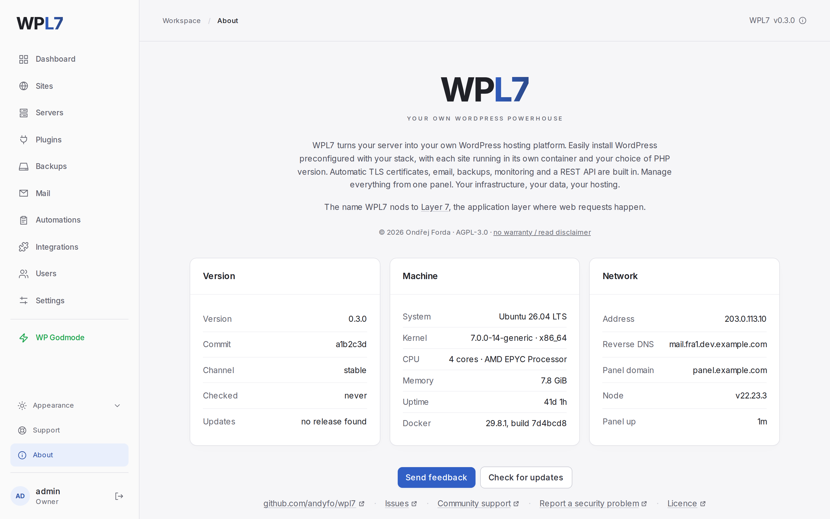 The About page with the version, machine and network cards