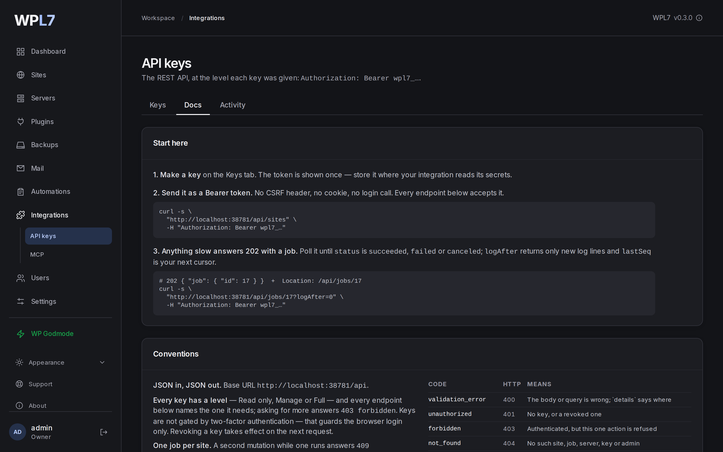 Integrations → API keys → Docs with the guide, the console and the endpoint list