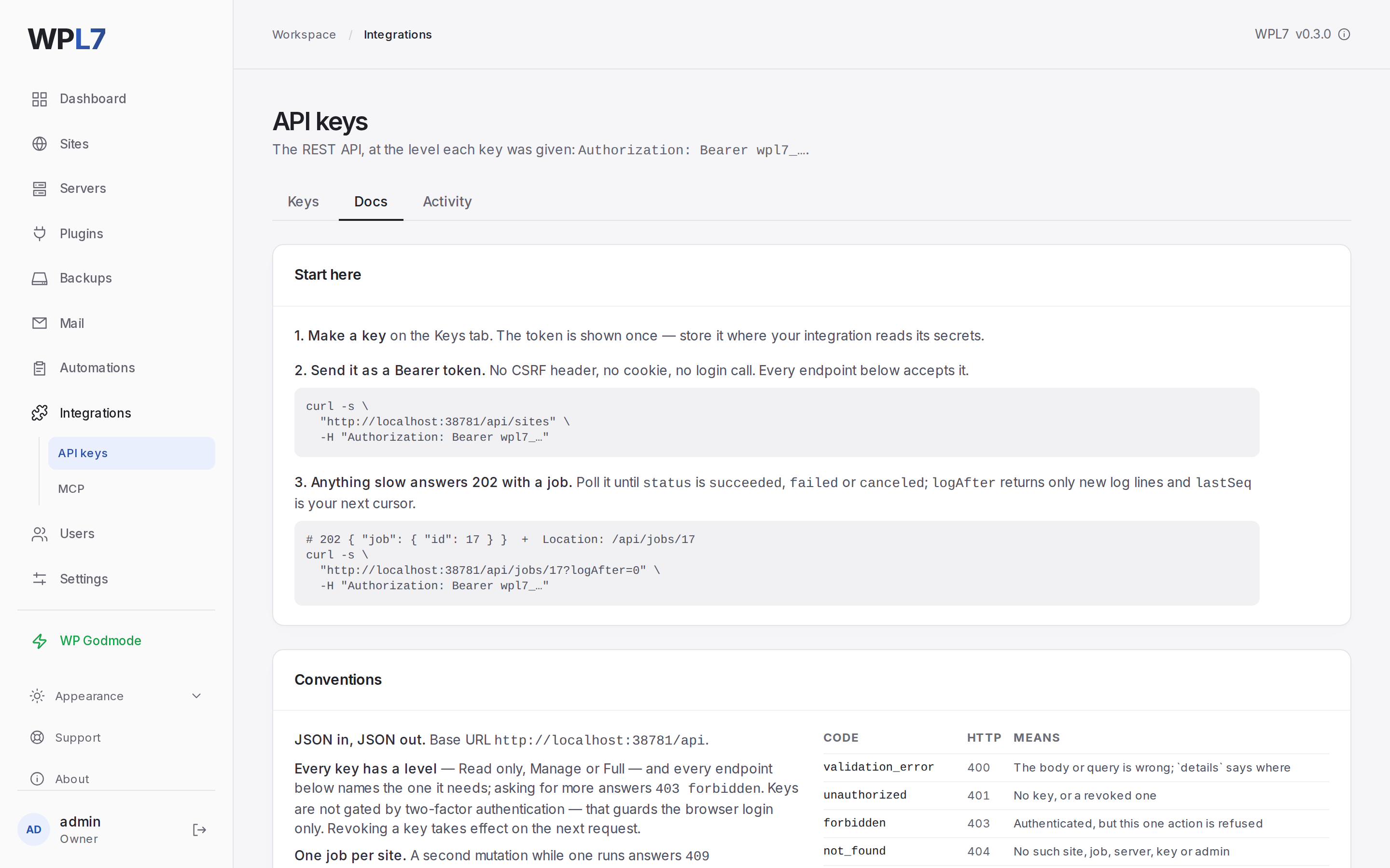 Integrations → API keys → Docs with the guide, the console and the endpoint list