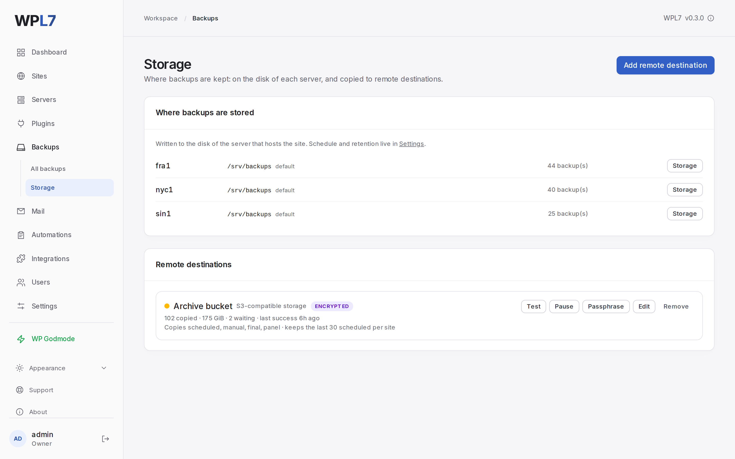 Backups → Storage with an encrypted S3-compatible destination and its copy counts