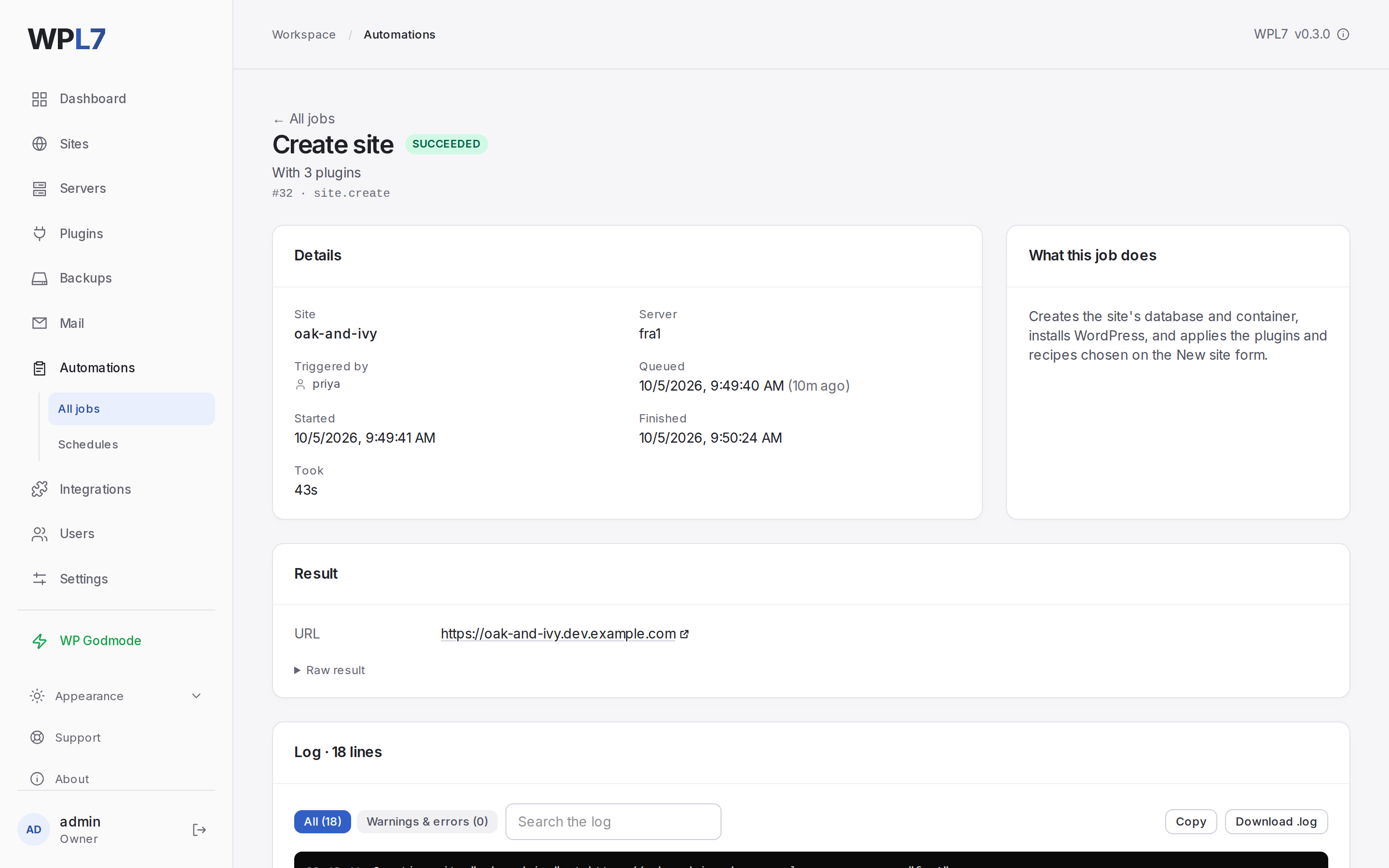 A job's page with its details, result and log