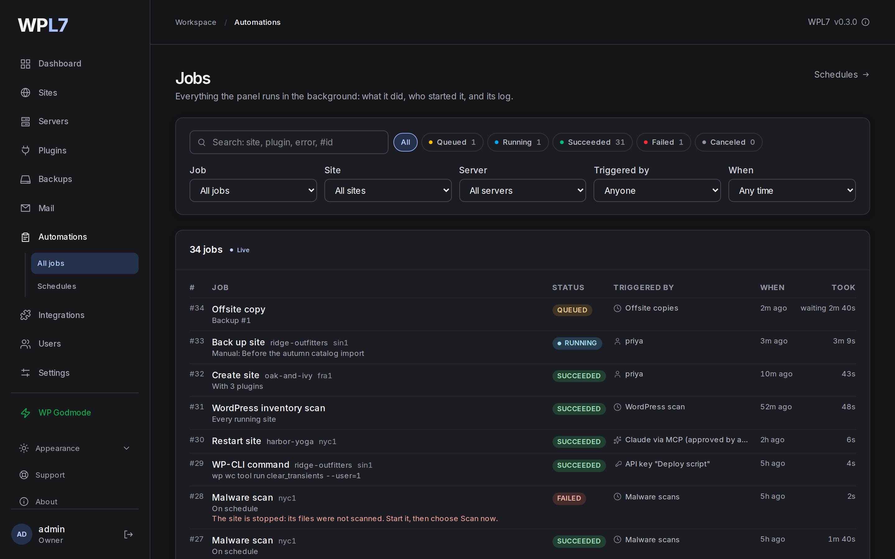 Automations → All jobs with running, failed and finished jobs