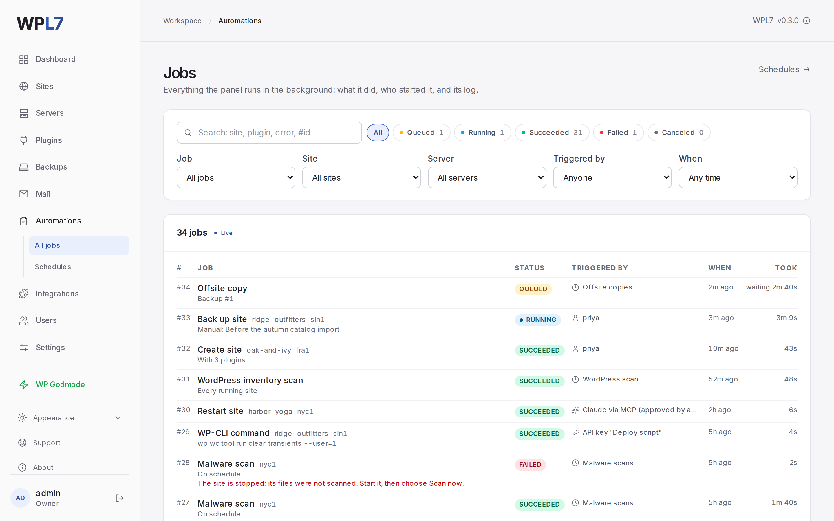 Automations → All jobs with running, failed and finished jobs