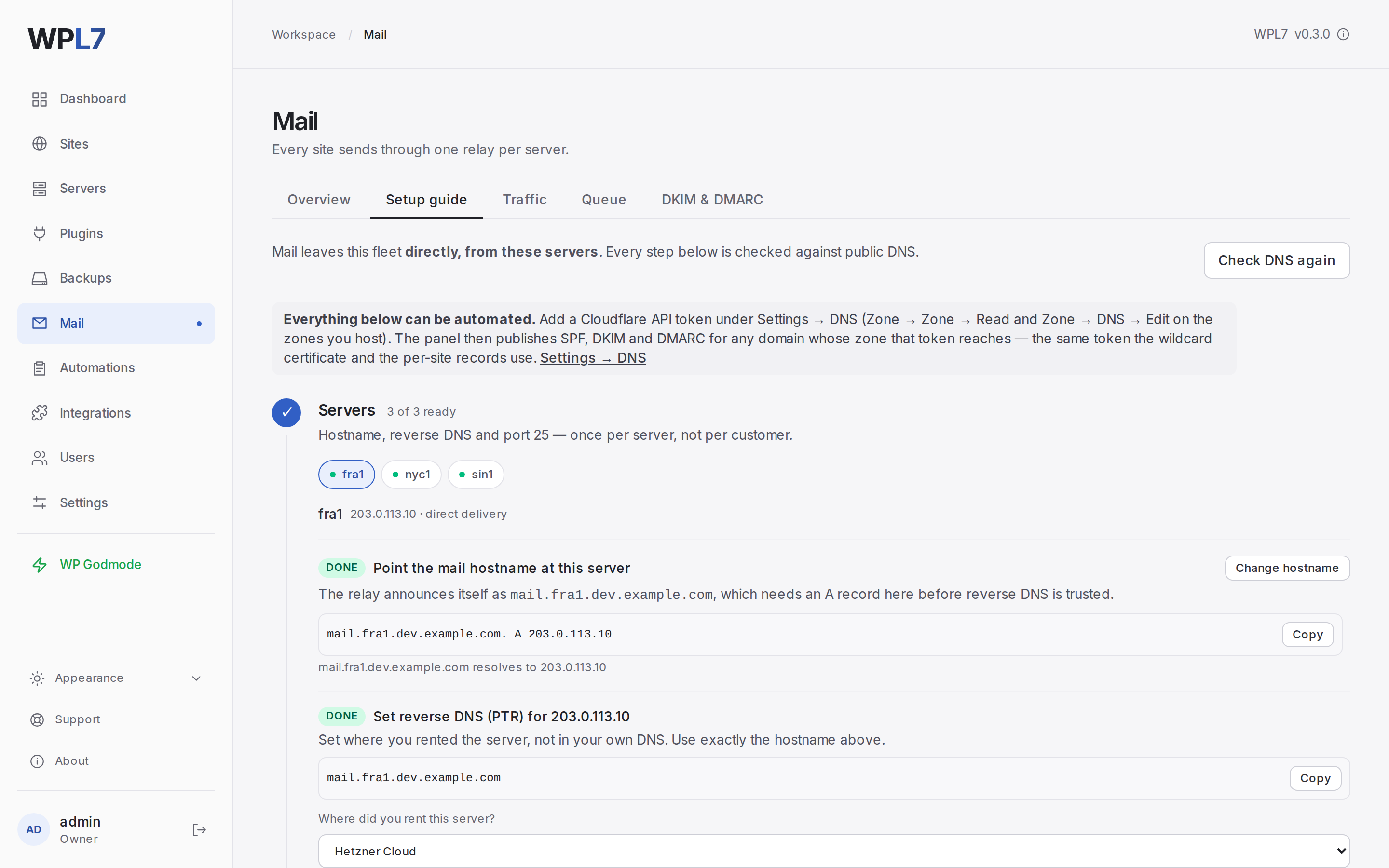 Mail → Setup guide with a server's hostname, reverse DNS and port 25 checks, and a domain's SPF, DKIM and DMARC steps