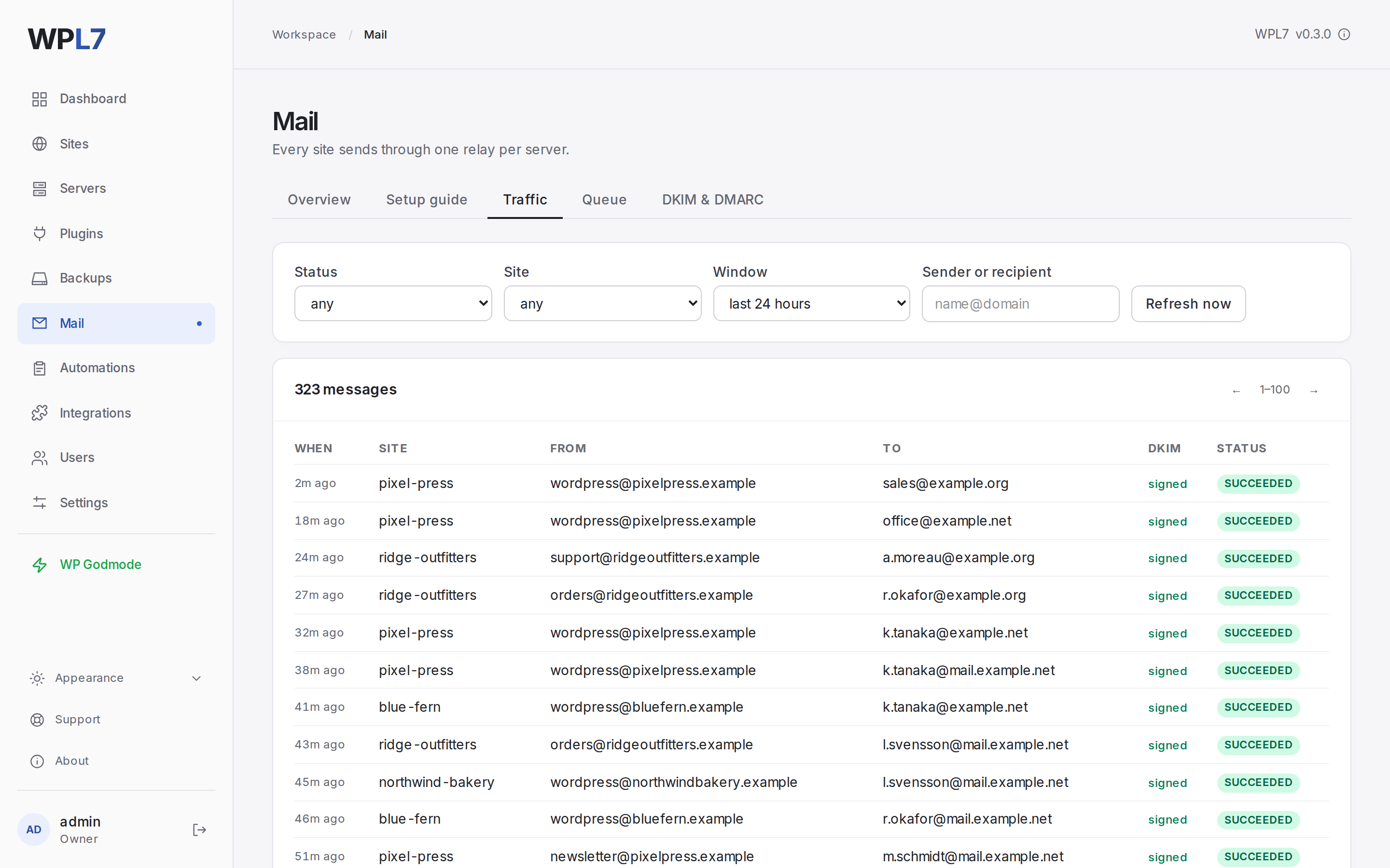 Mail → Traffic with the filters above a list of messages: site, sender, recipient, DKIM and status