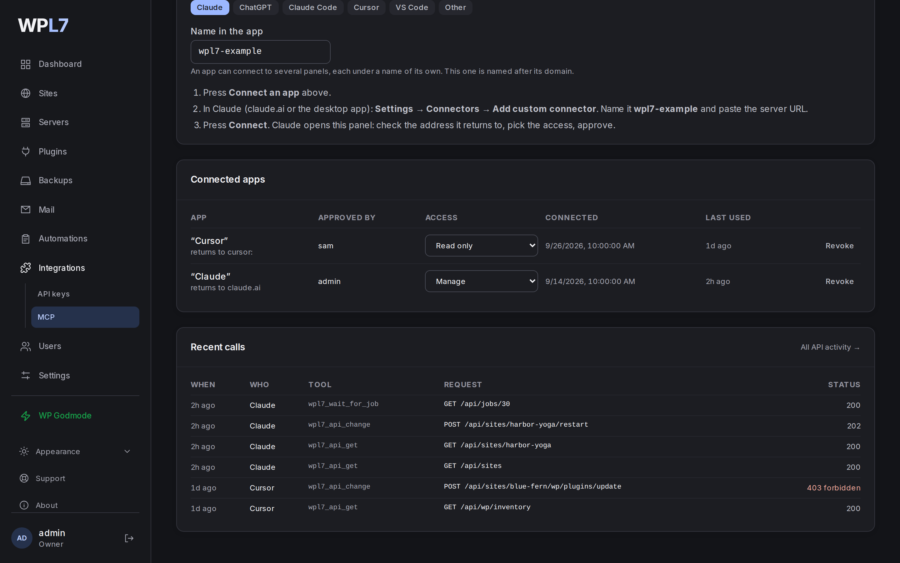 Integrations → MCP switched on, with two connected apps