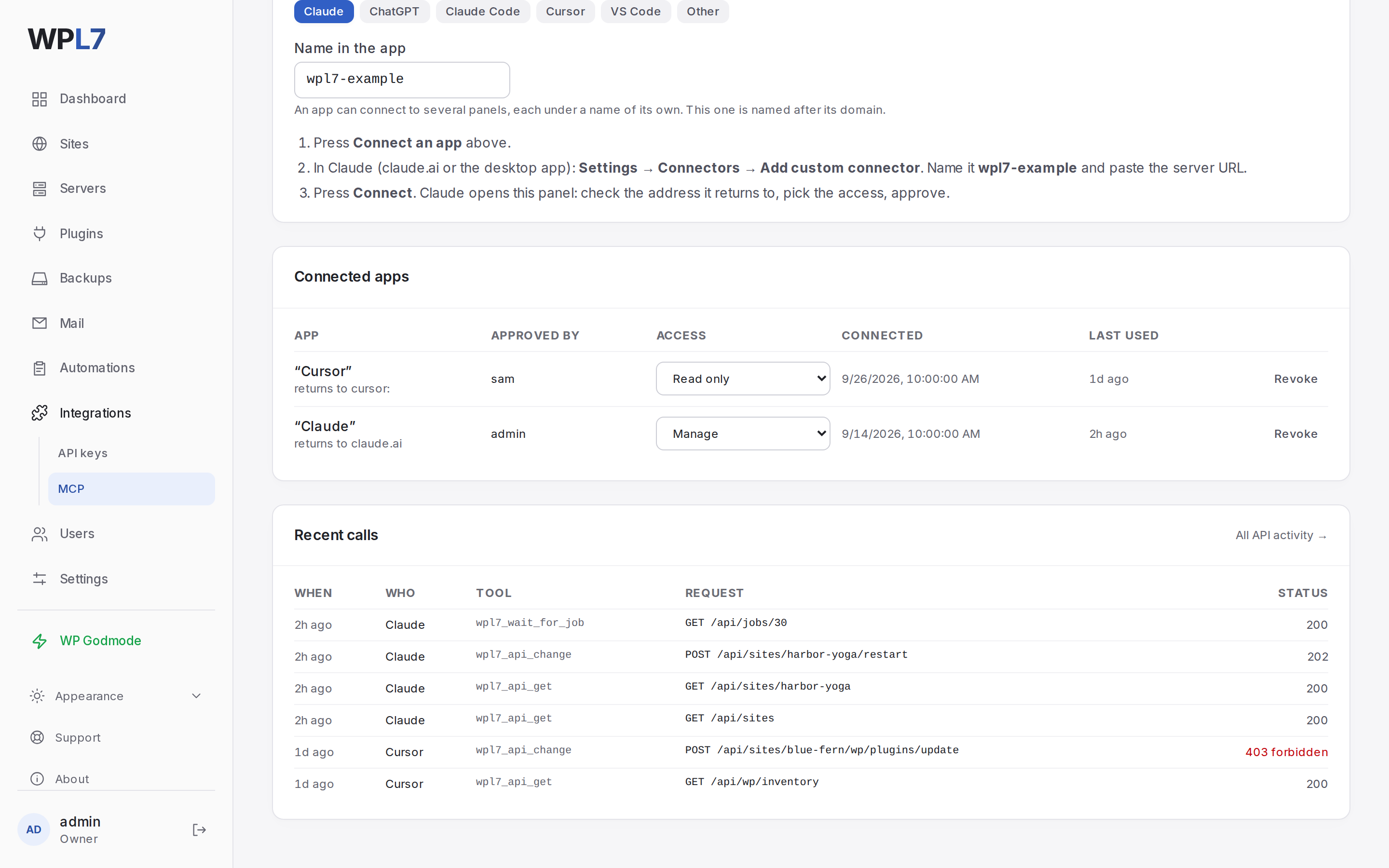 Integrations → MCP switched on, with two connected apps