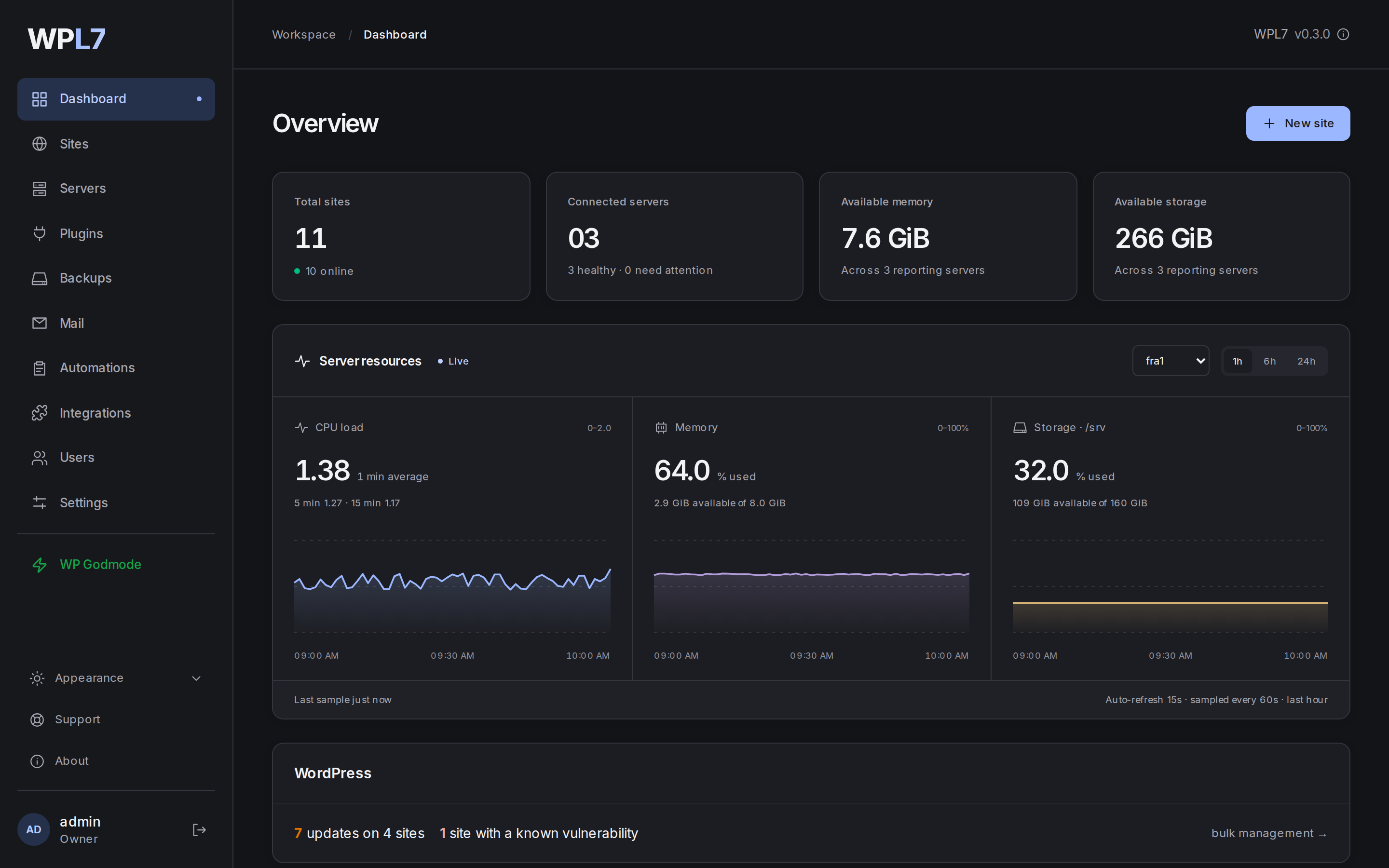 The panel's Dashboard: the servers, recent activity and the WordPress card