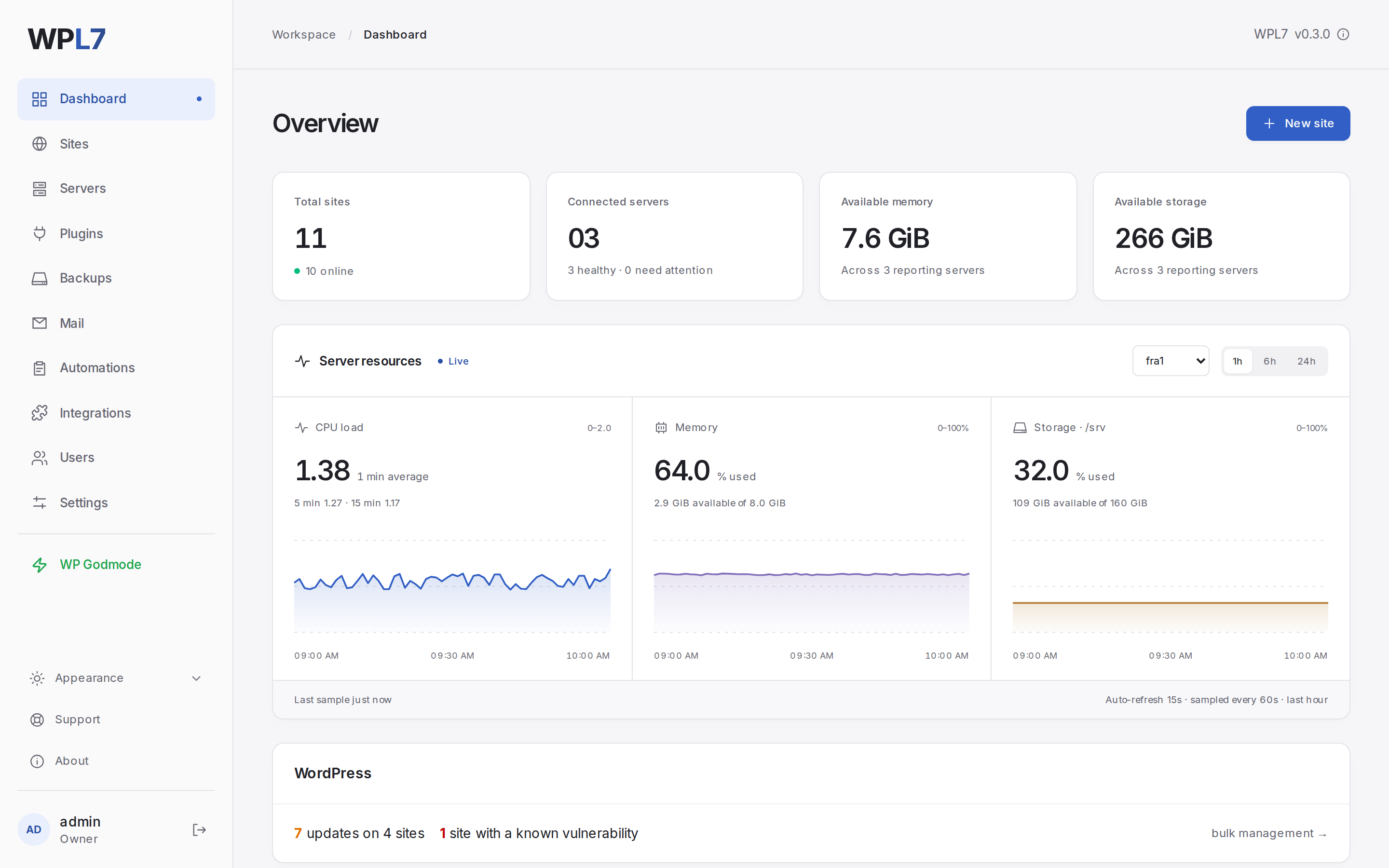 The panel's Dashboard: the servers, recent activity and the WordPress card
