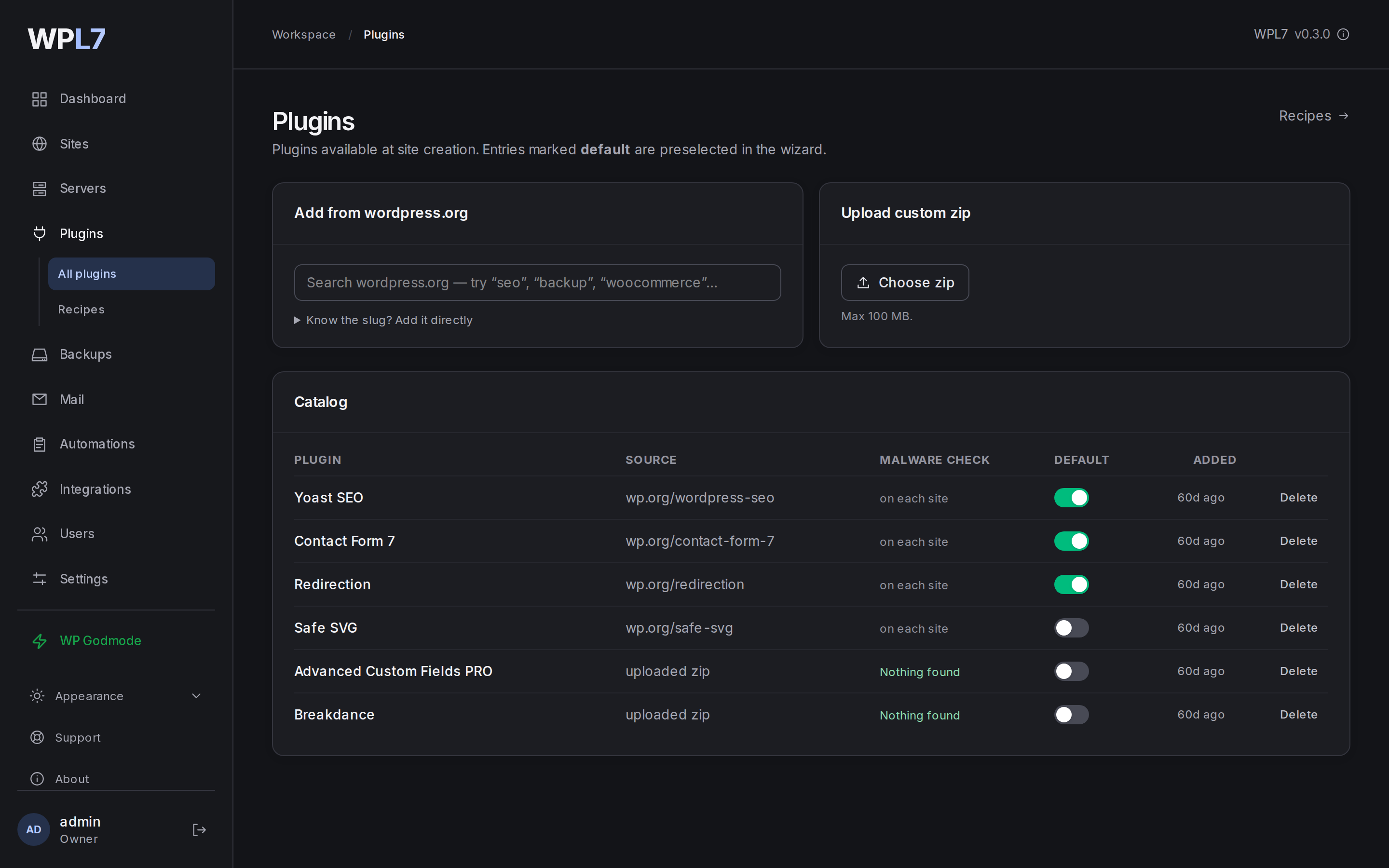 Plugins → All plugins with the catalog of wordpress.org plugins and uploaded zips