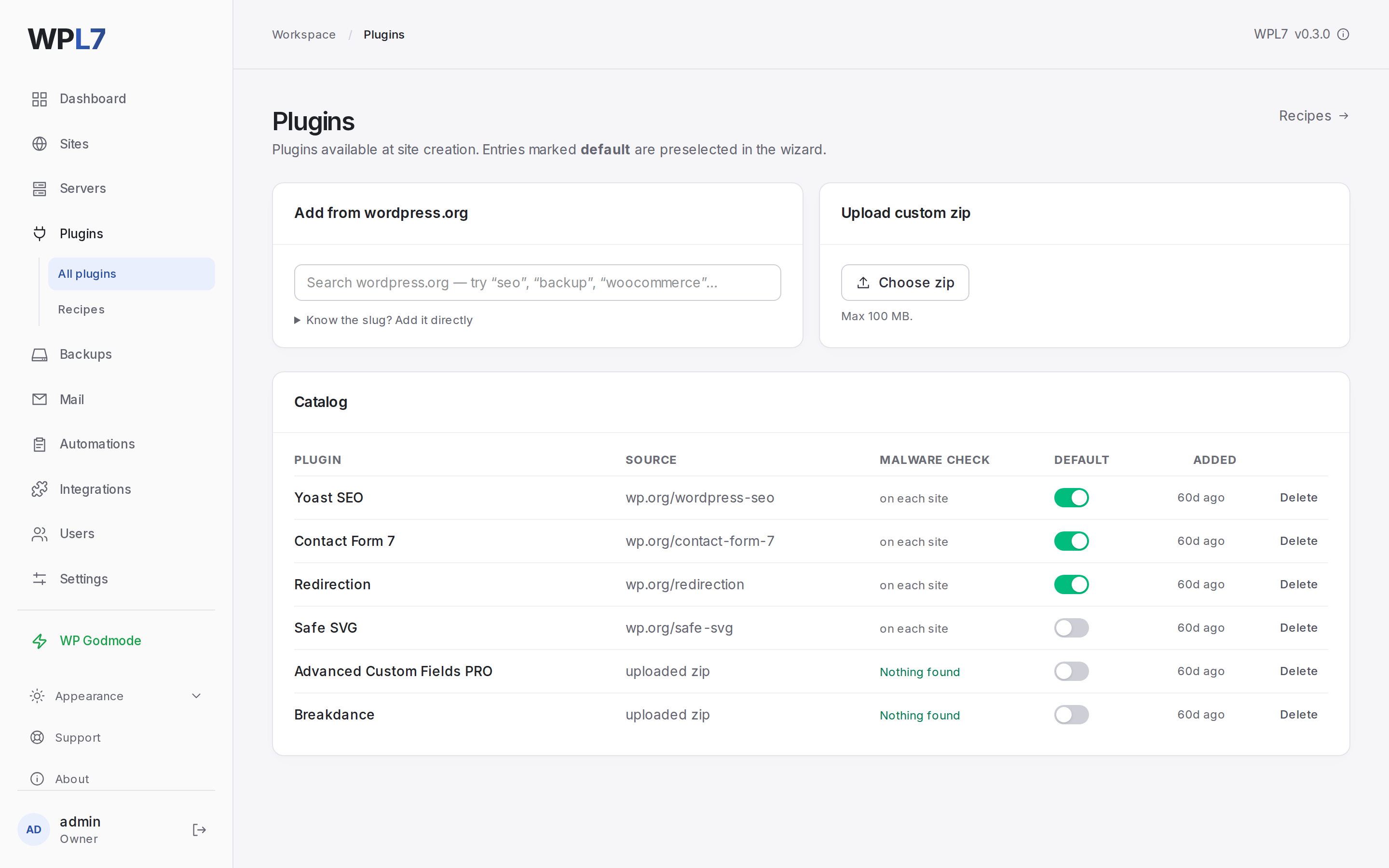 Plugins → All plugins with the catalog of wordpress.org plugins and uploaded zips