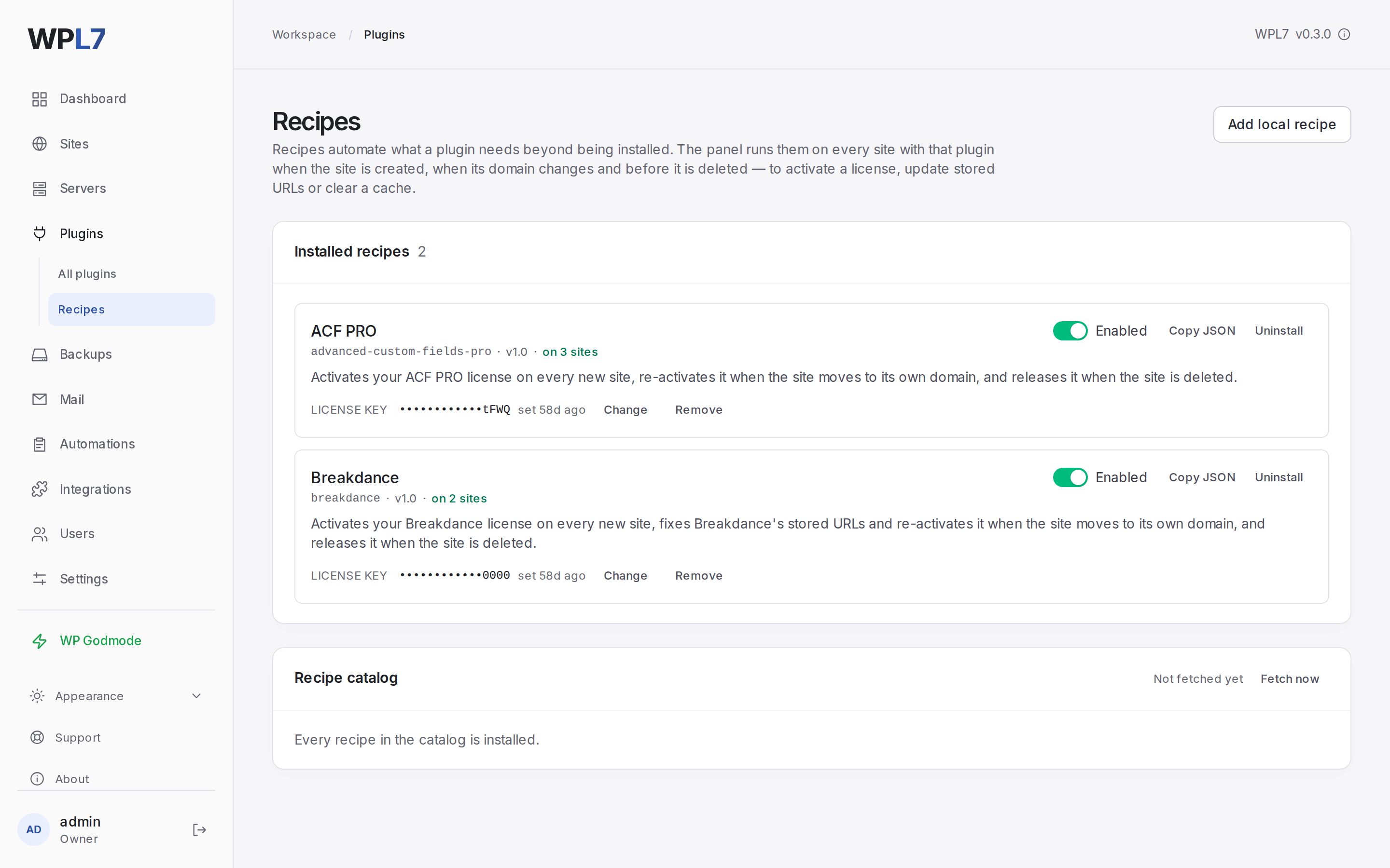 Plugins → Recipes with the ACF PRO and Breakdance recipes installed