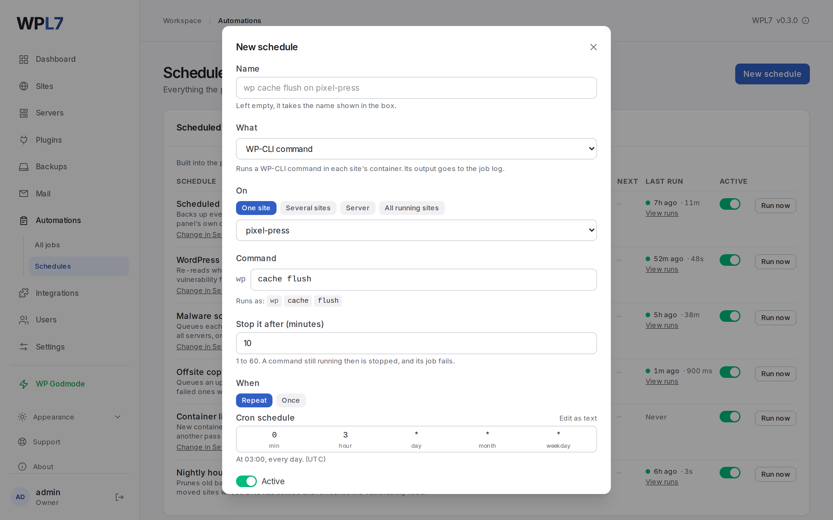 The New schedule dialog with a WP-CLI command for one site