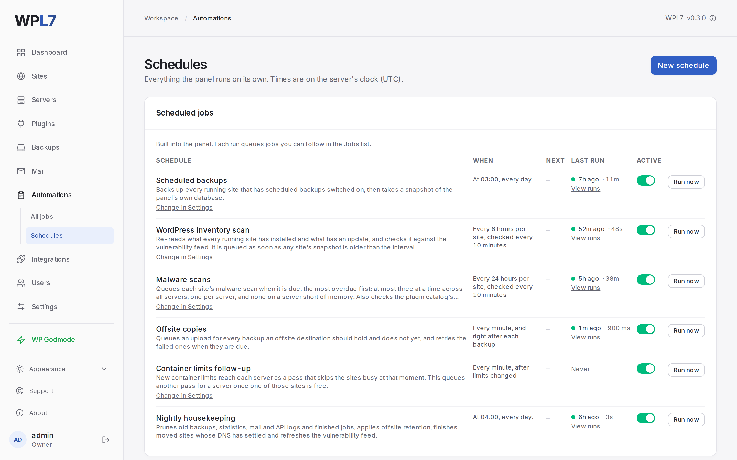 Automations → Schedules with the built-in schedules and two custom ones