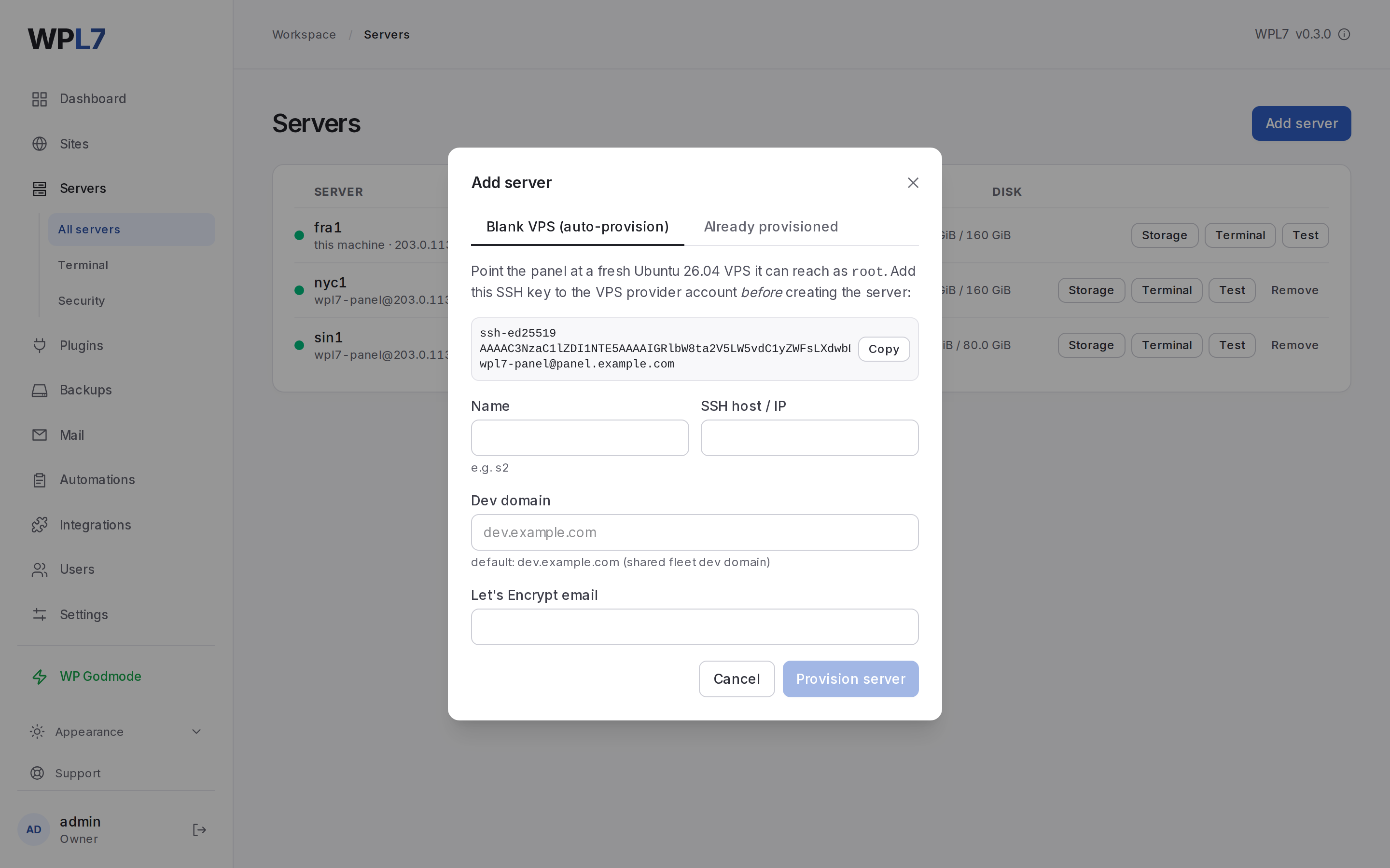 The Add server dialog on its Blank VPS tab, showing the panel's SSH key