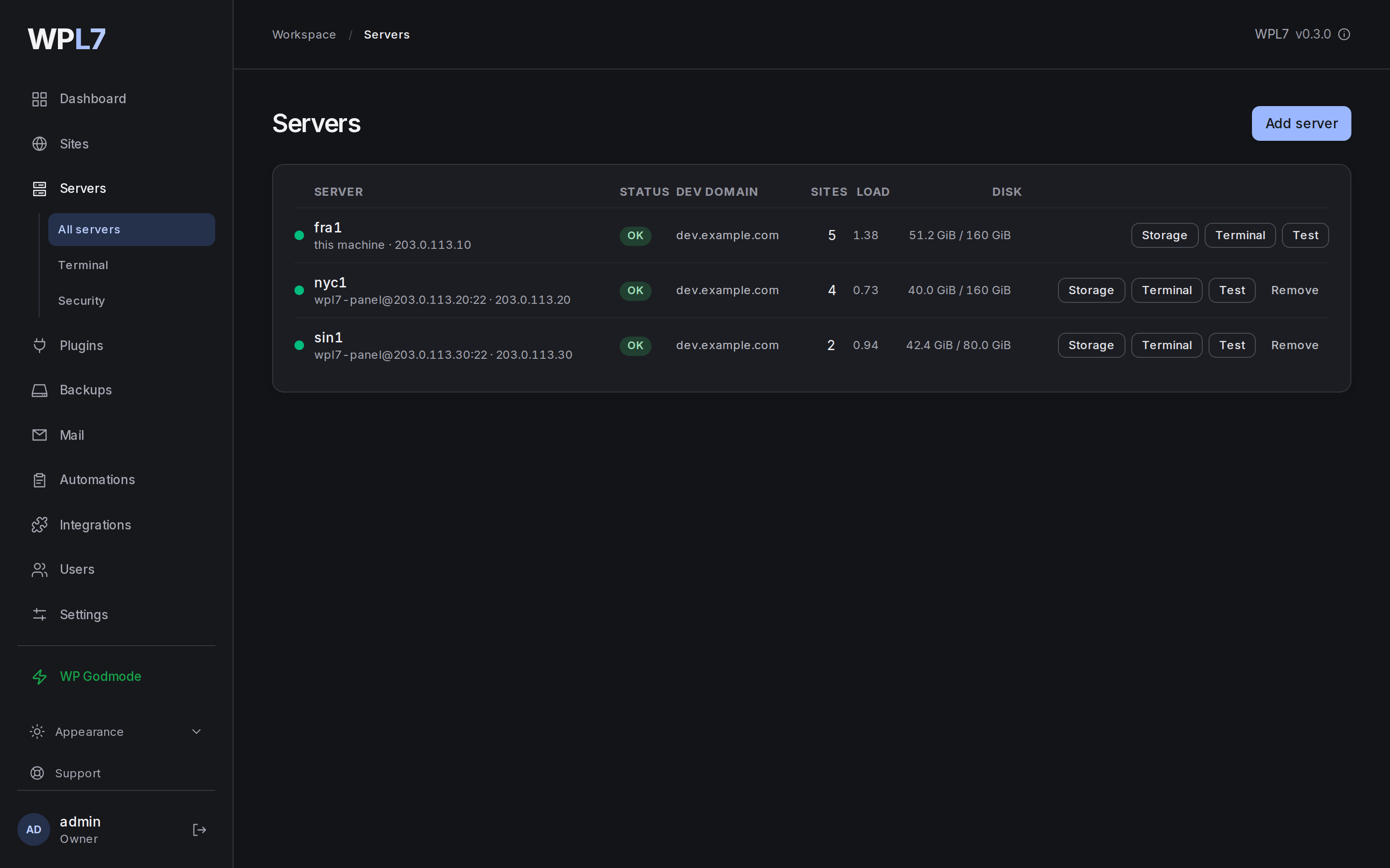 Servers → All servers with three servers, their status, load and disk
