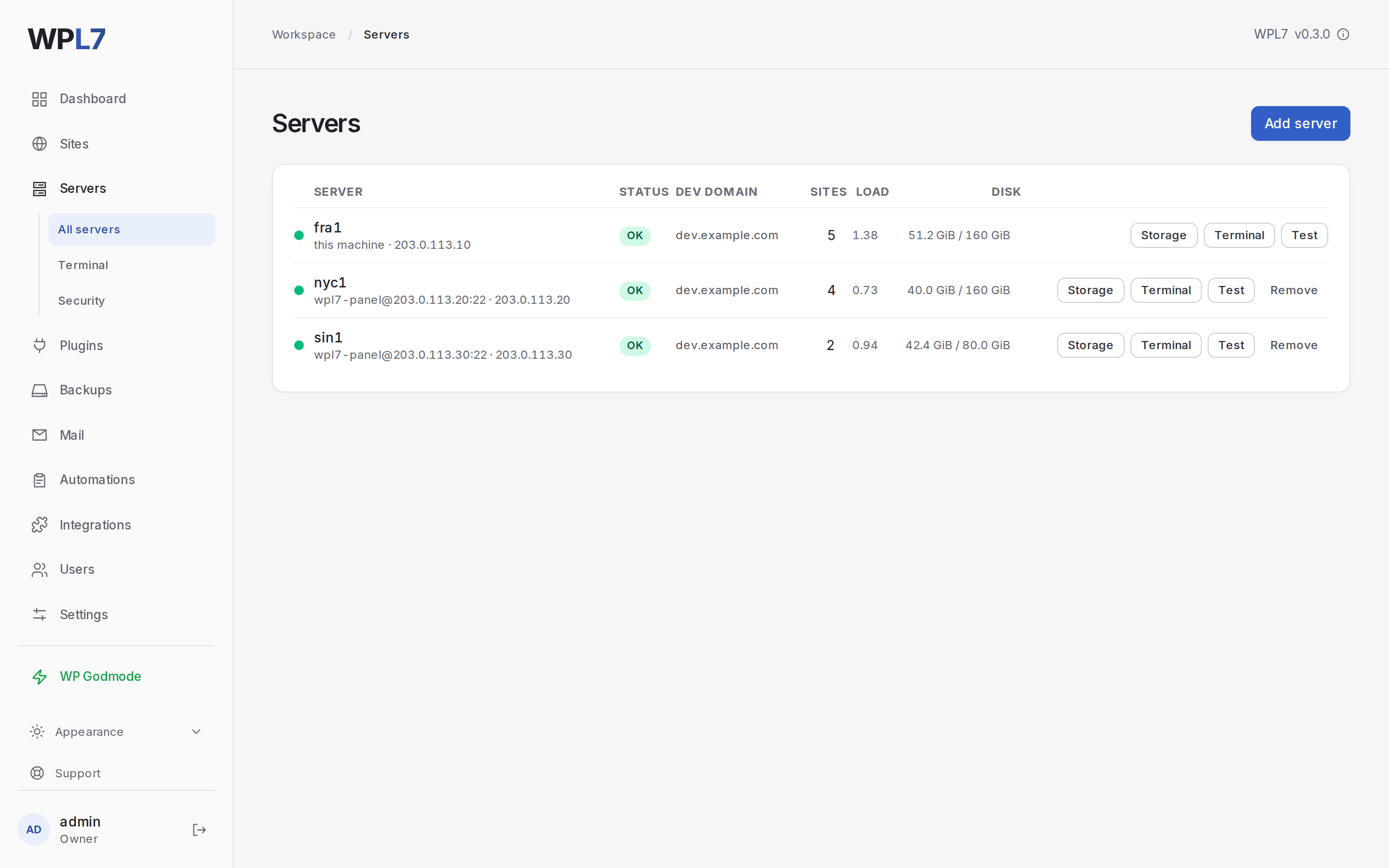 Servers → All servers with three servers, their status, load and disk