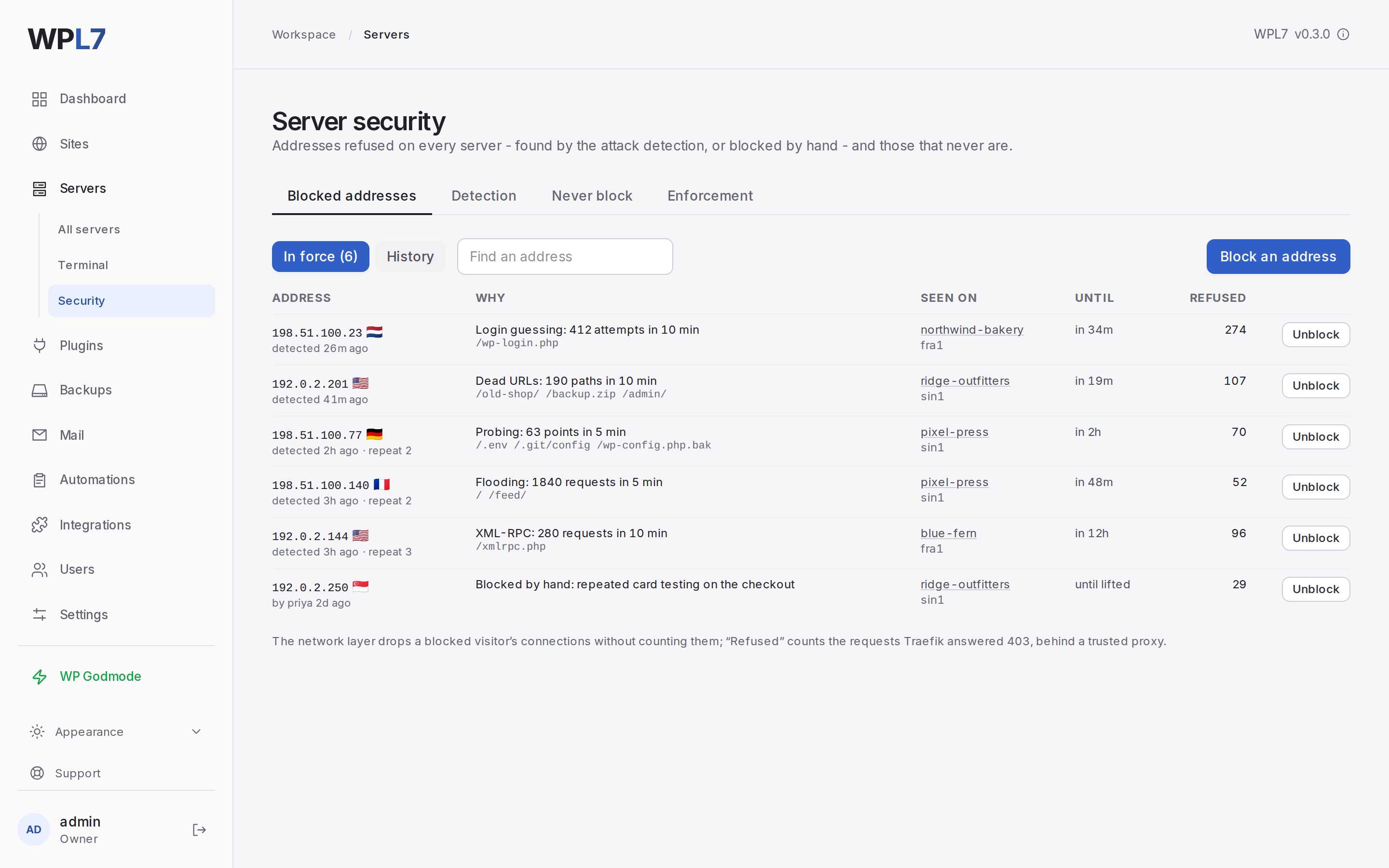 Servers → Security with the blocked addresses, why each was blocked and until when