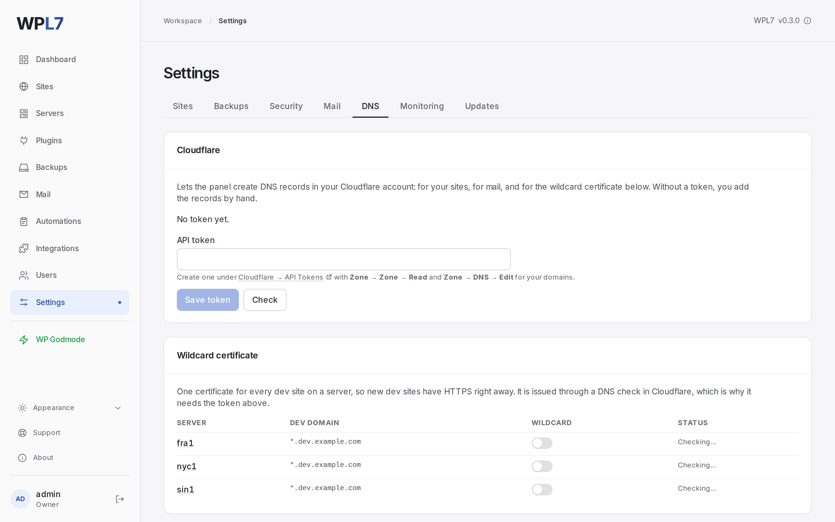 Settings → DNS with a saved Cloudflare token and the wildcard certificate on for two servers
