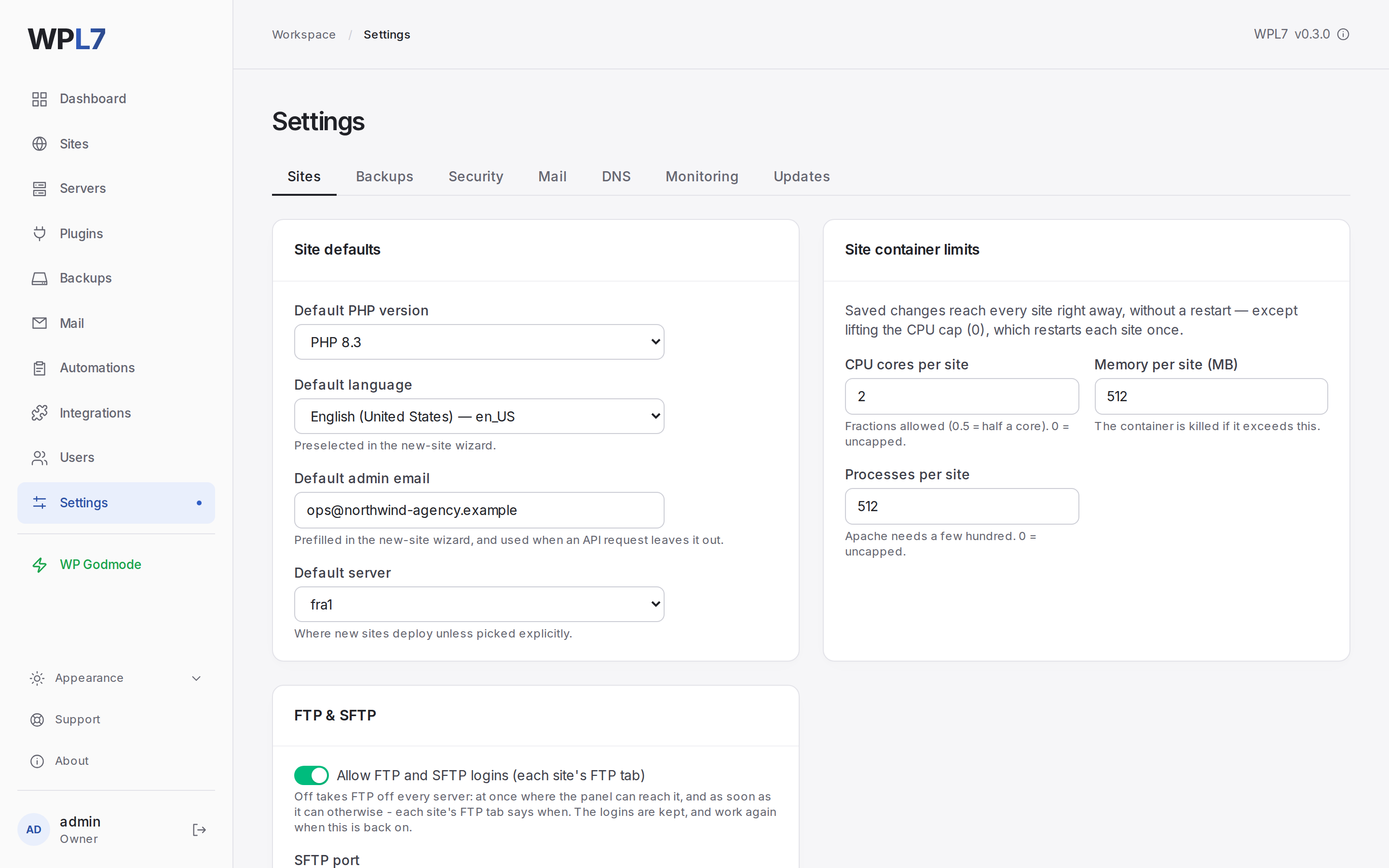 Settings → Sites with the site defaults and the container limits