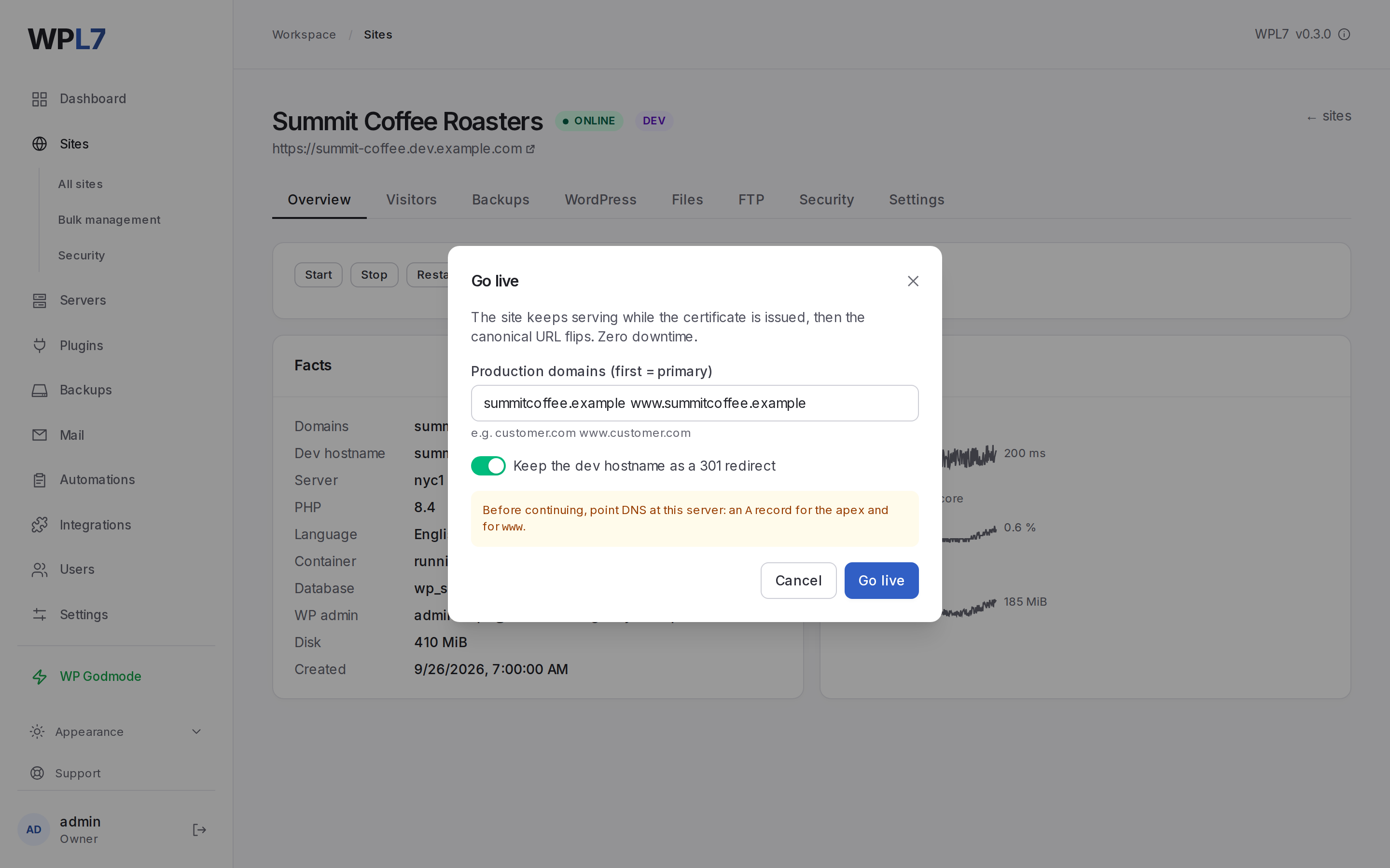 The Go live dialog with a customer domain entered
