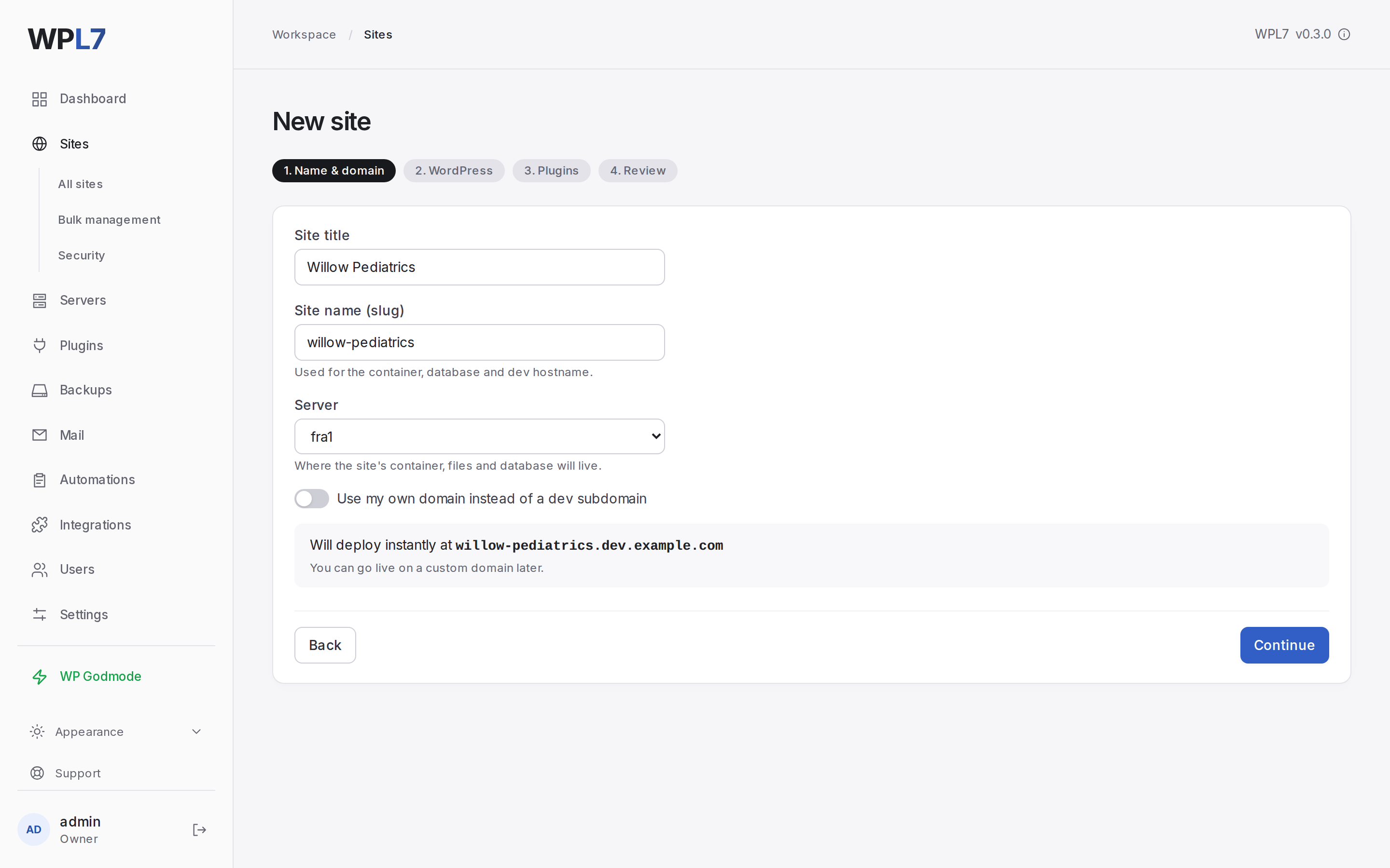 The New site wizard's first step with a site title entered