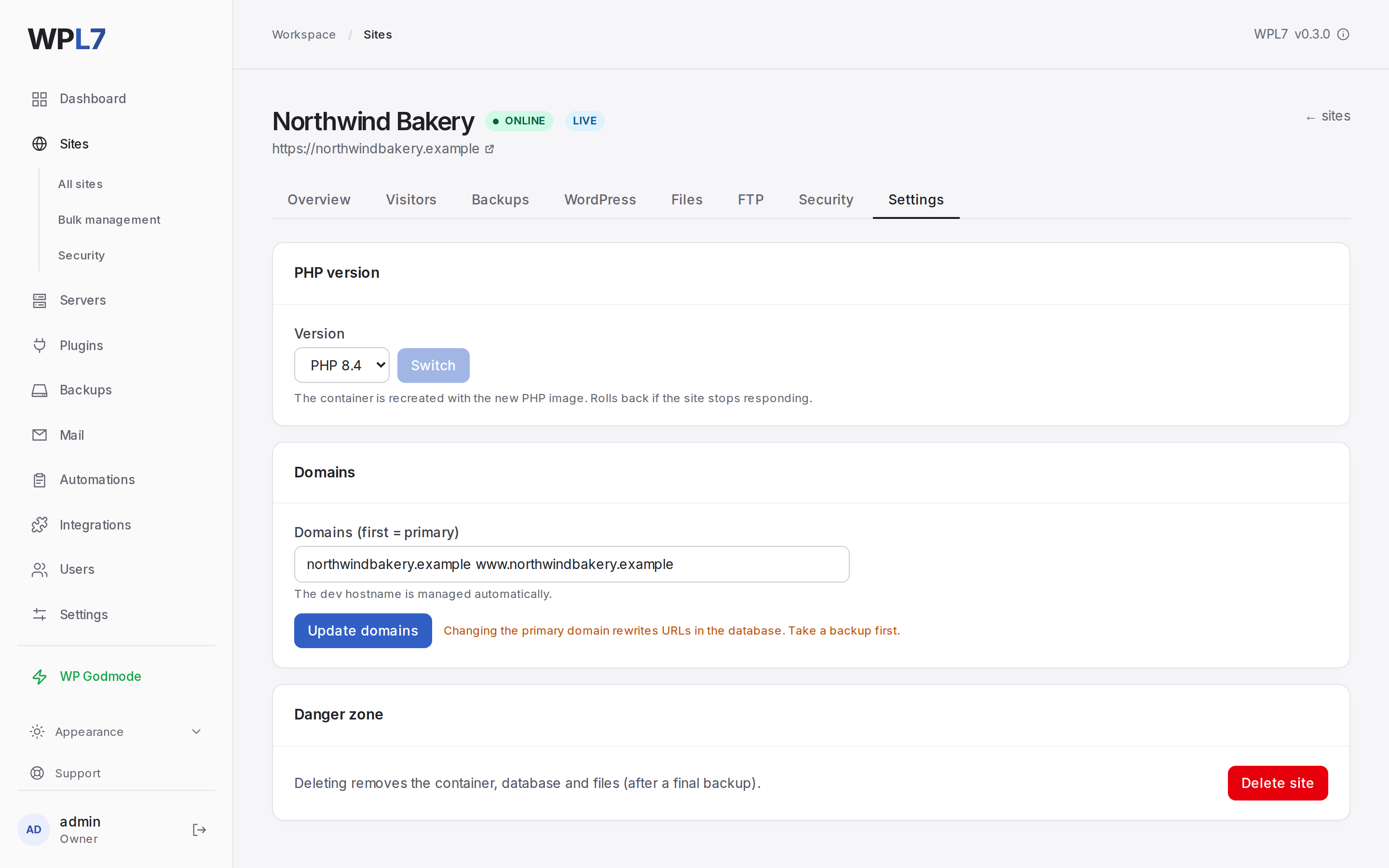 A site's Settings tab: PHP version, domains and the danger zone