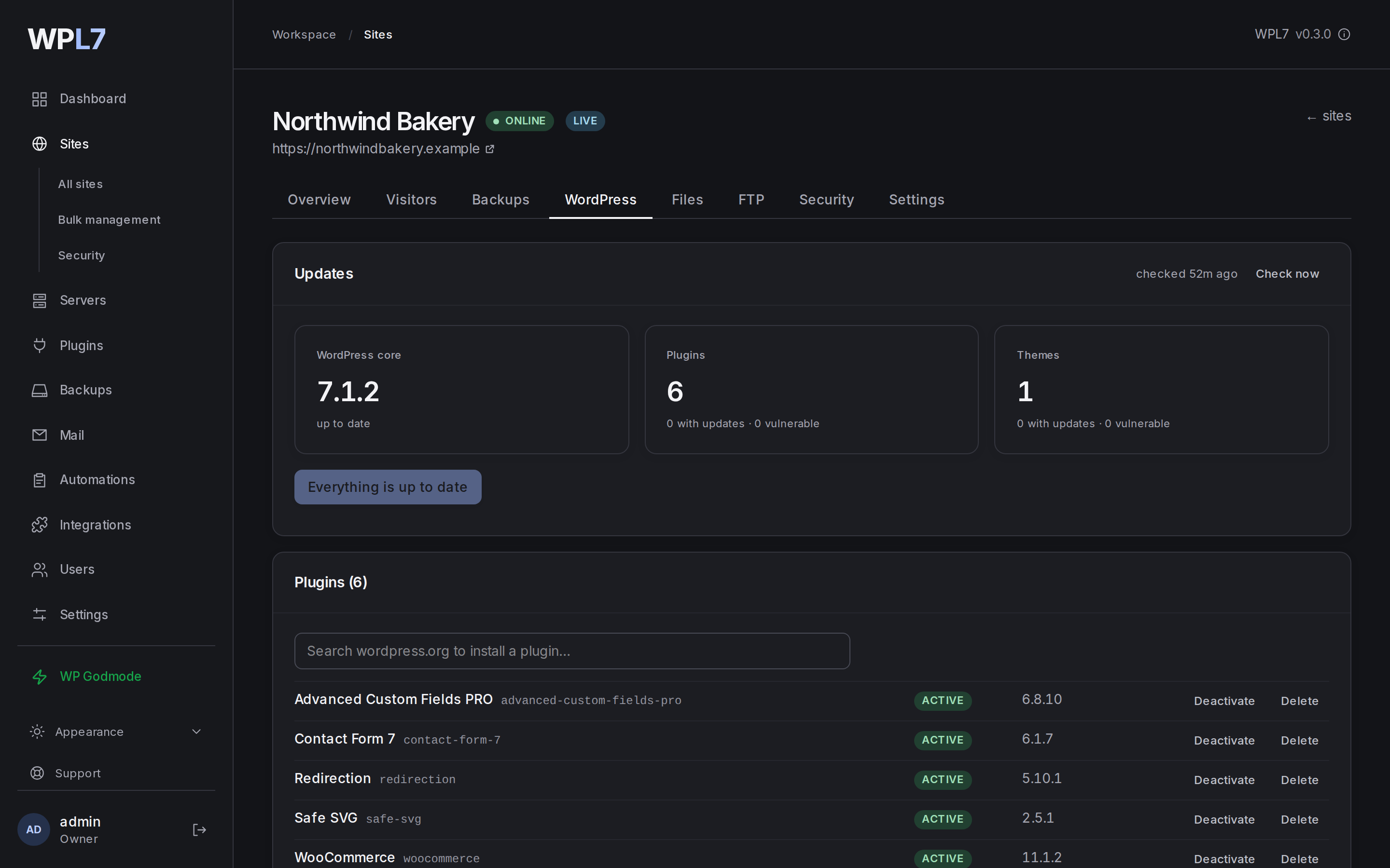 A site's WordPress tab with its updates, plugins and themes