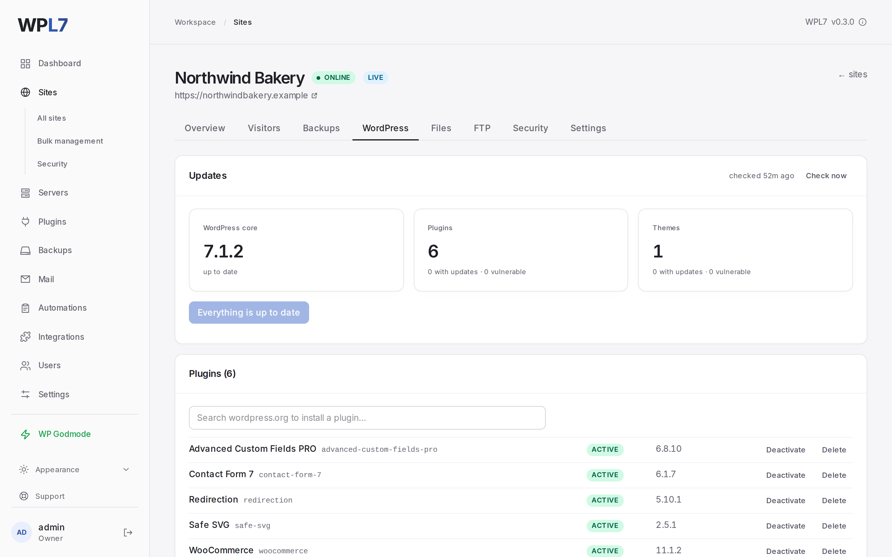 A site's WordPress tab with its updates, plugins and themes