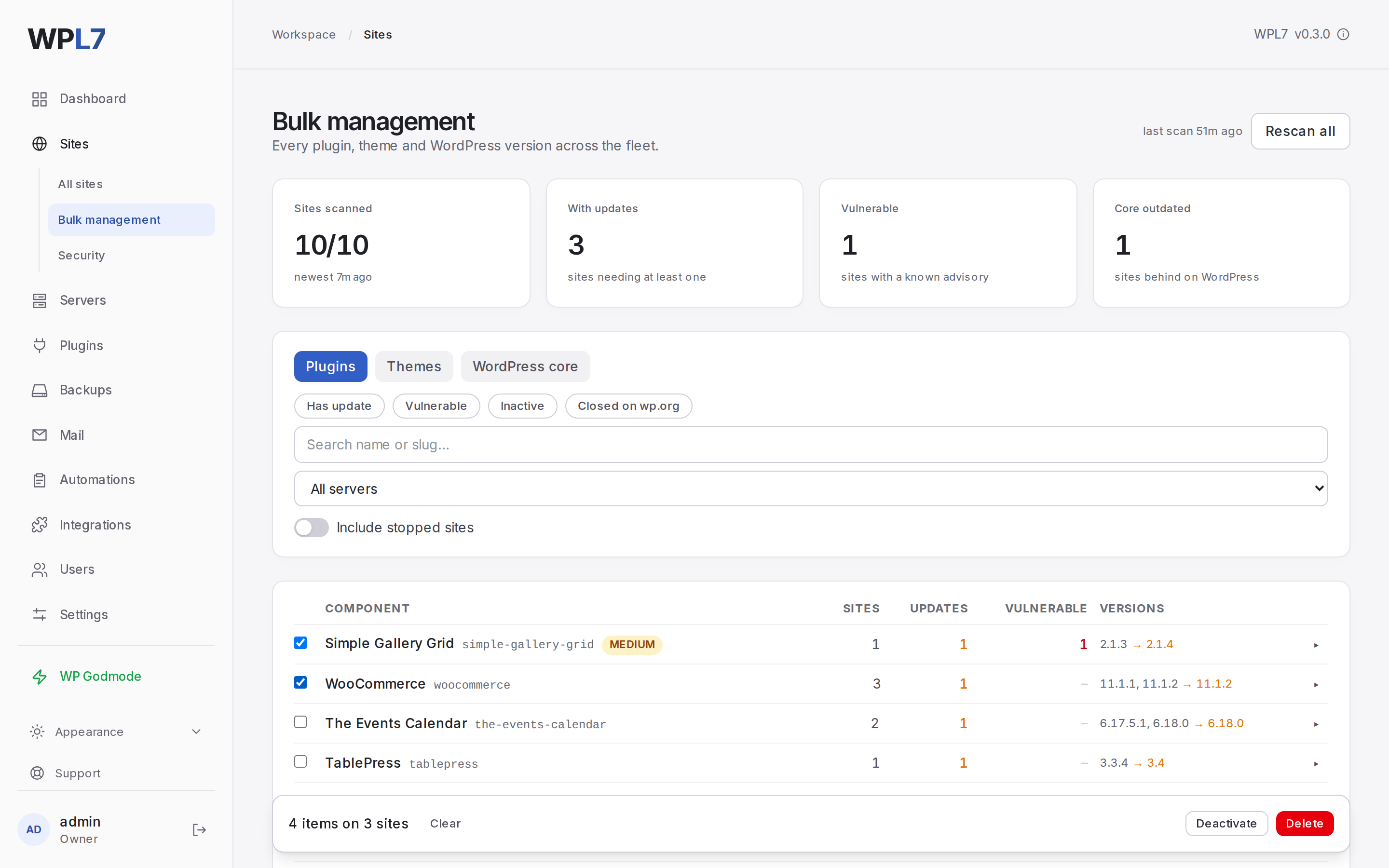 Sites → Bulk management with plugin updates selected