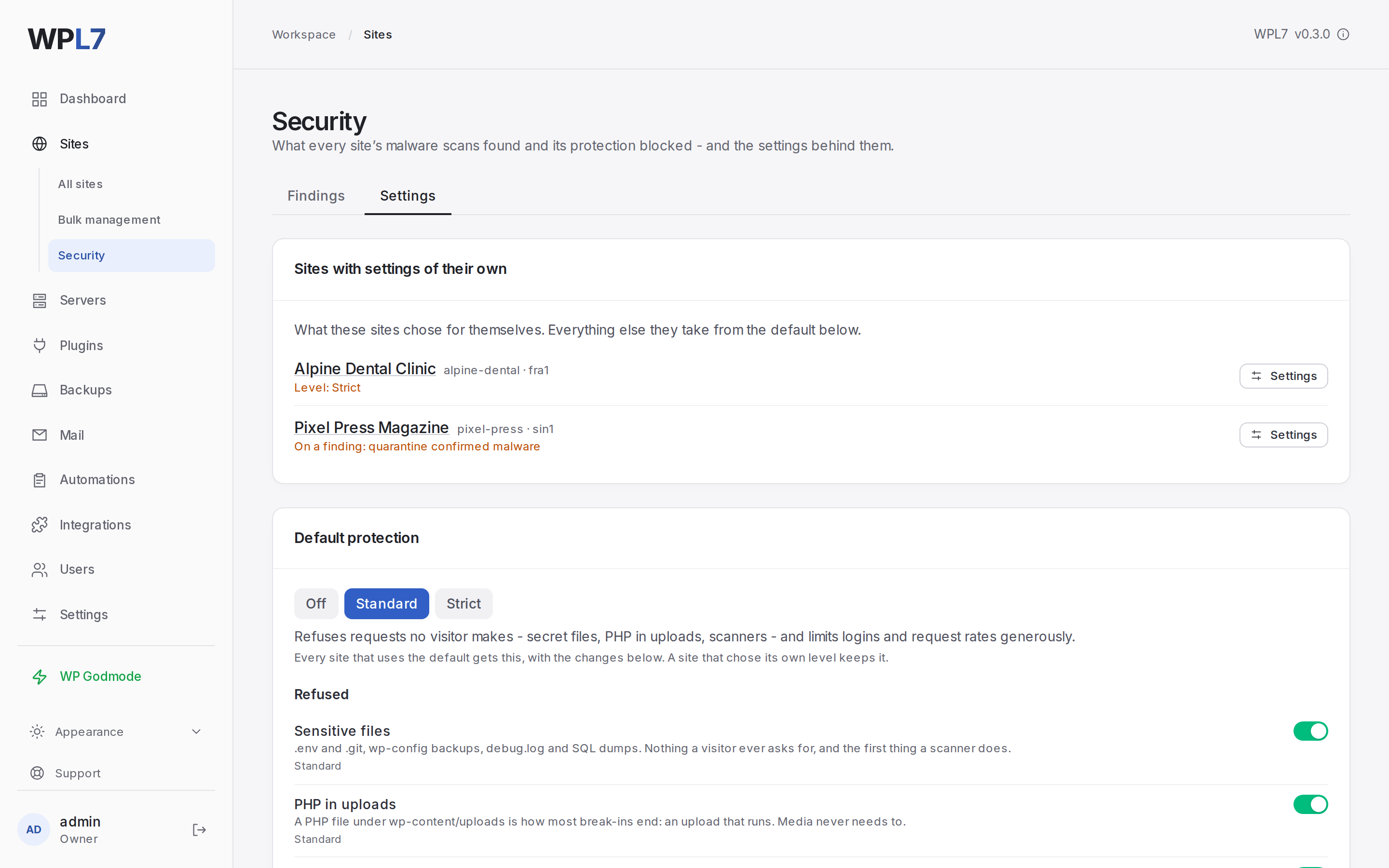 Sites → Security → Settings with the default protection level and its rules