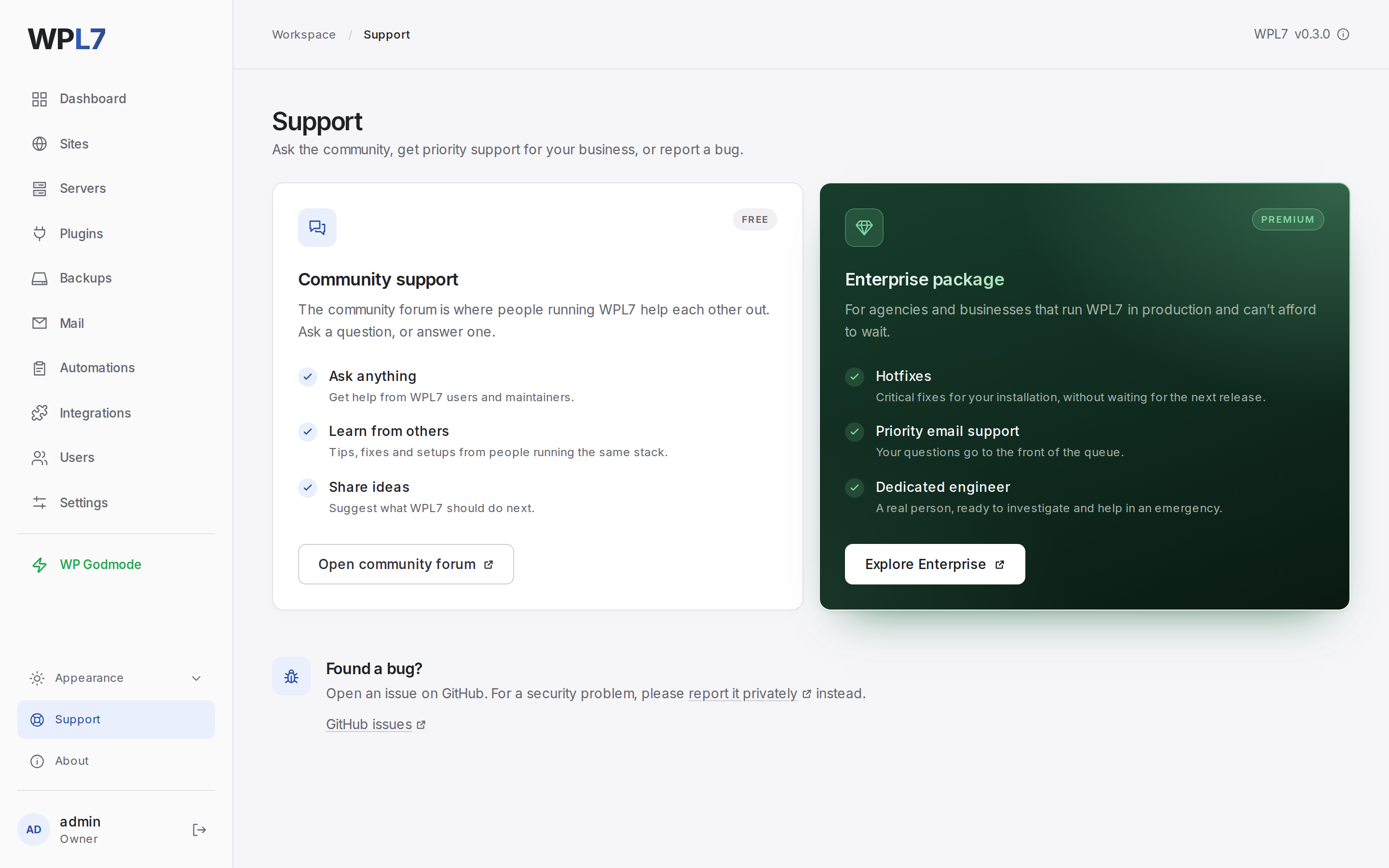 The Support page with the Community support and Enterprise package cards