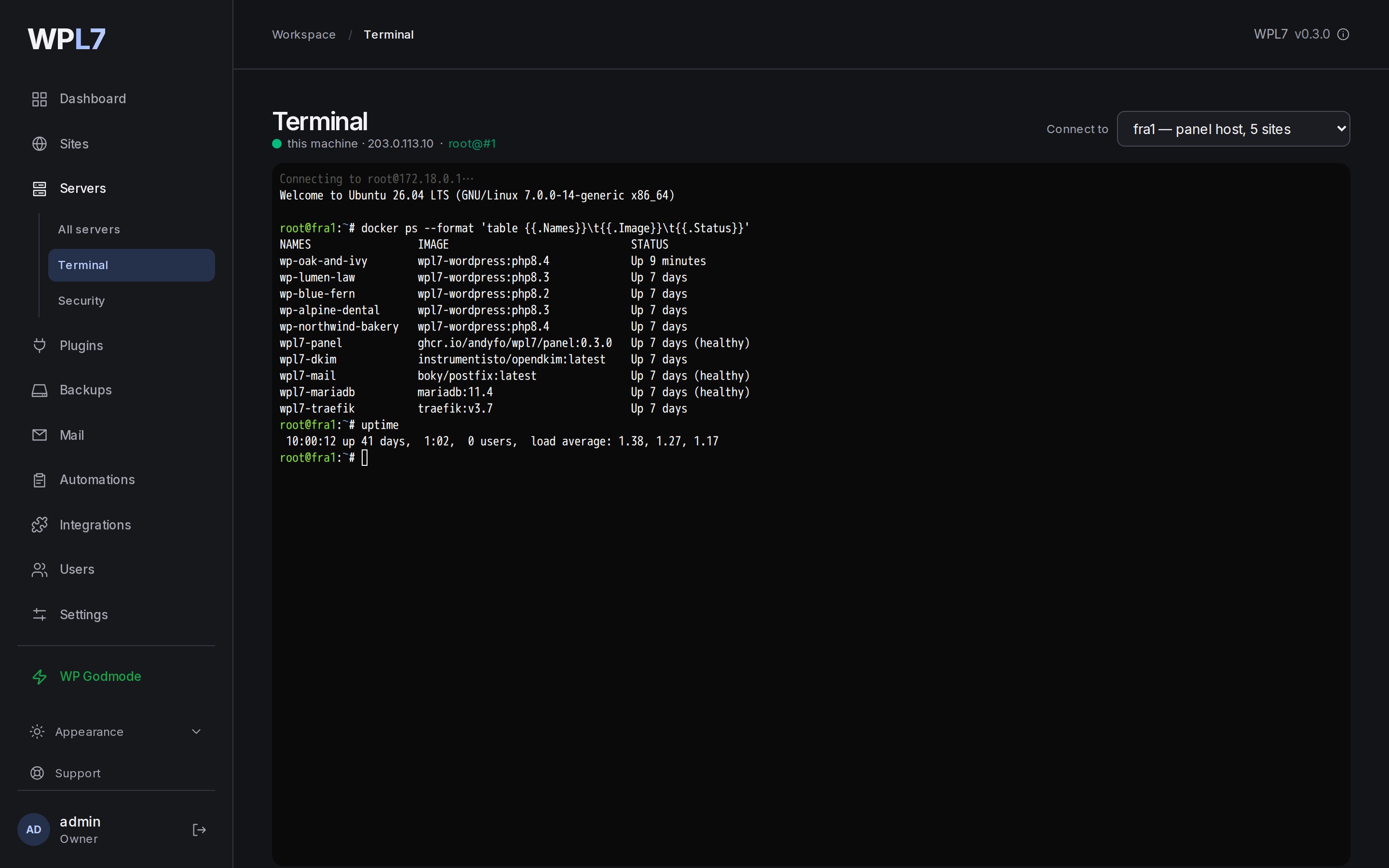 Servers → Terminal with a root shell open on fra1