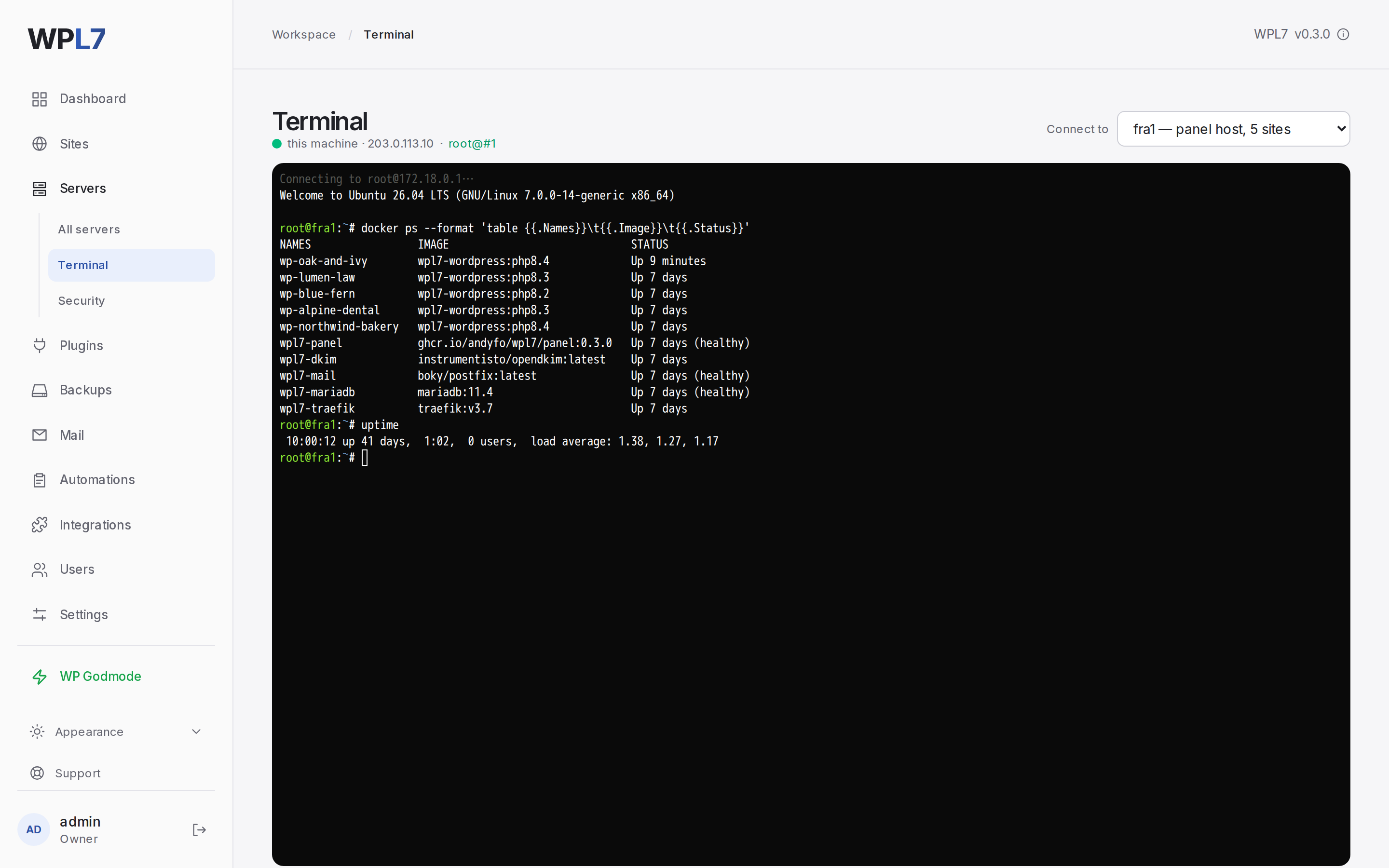 Servers → Terminal with a root shell open on fra1