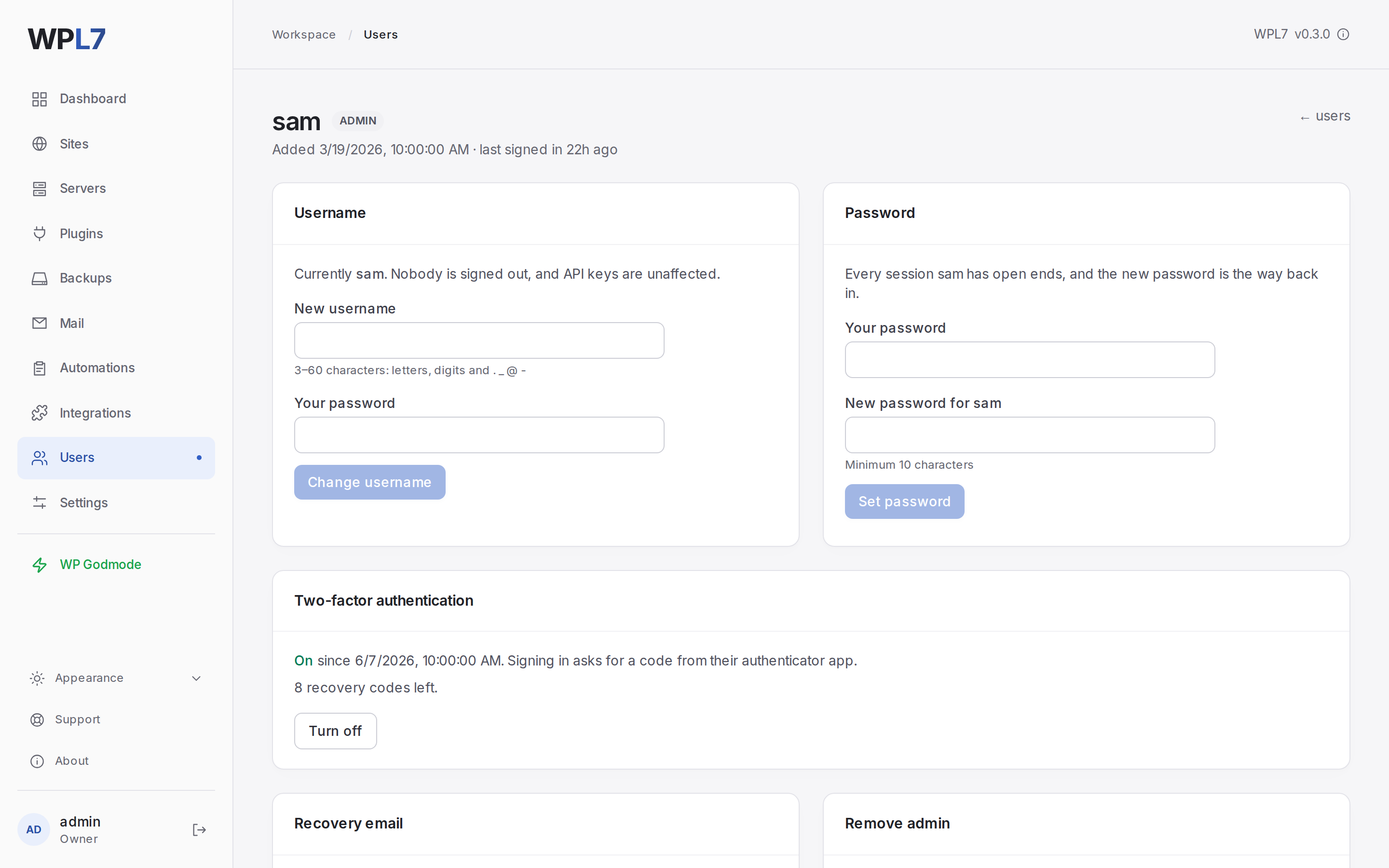 An admin's page with two-factor authentication on
