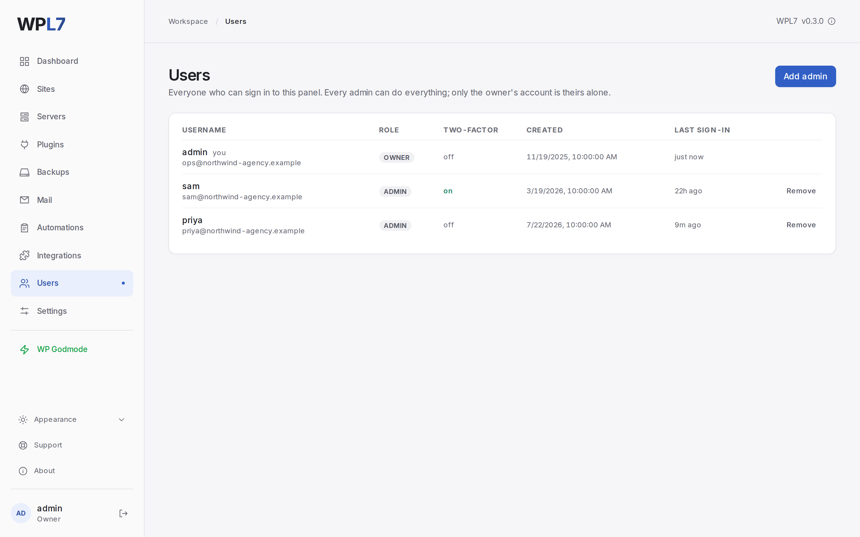 Users with the owner and two admins, their two-factor status and last sign-in